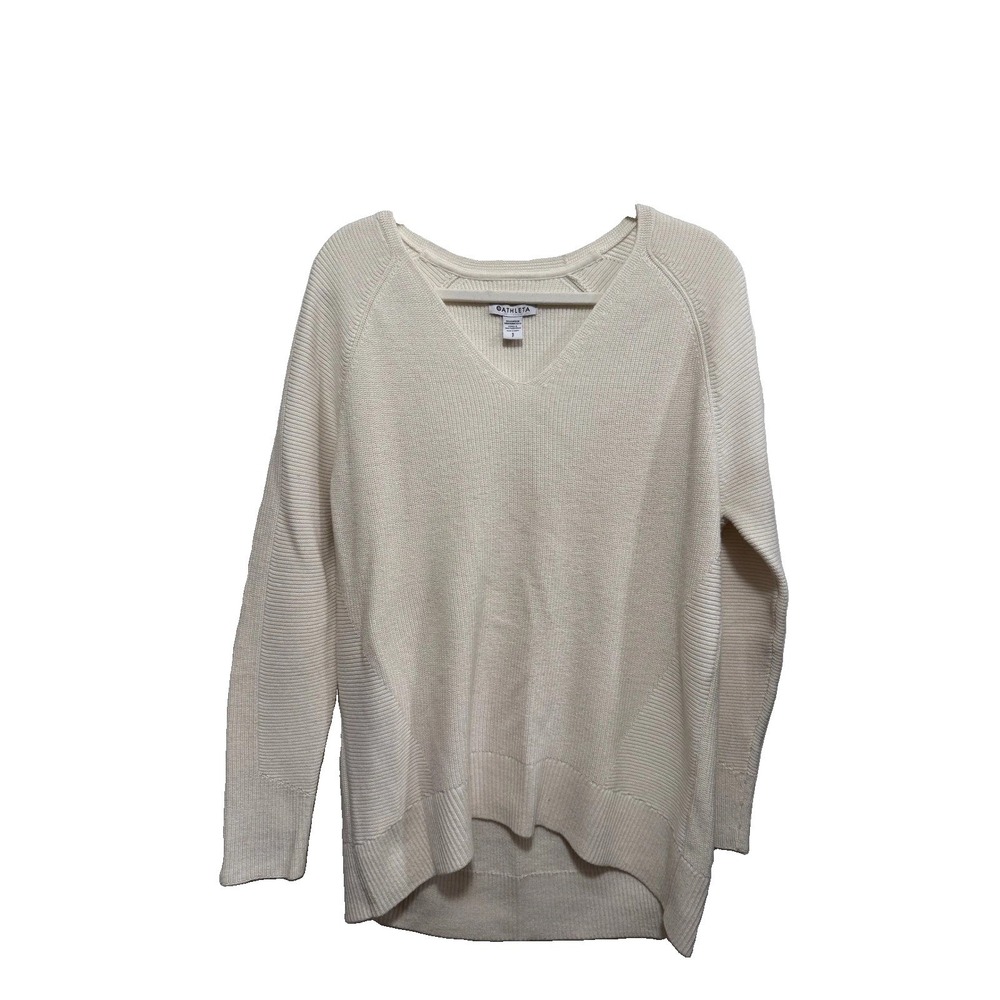 Athleta Hanover V-Neck Sweater Cream Ribbed Merino Wool Blend Womens Small S